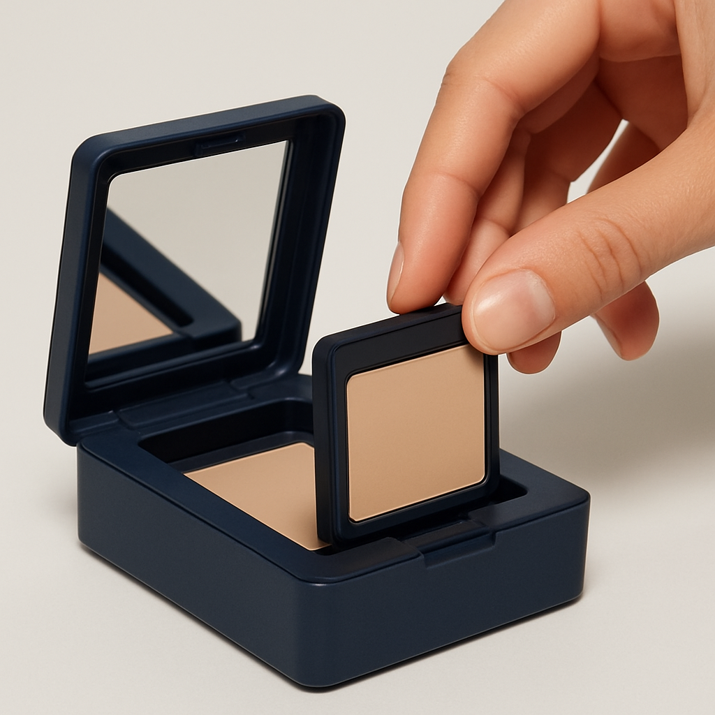 Navy refillable makeup case with a refill cartridge being inserted