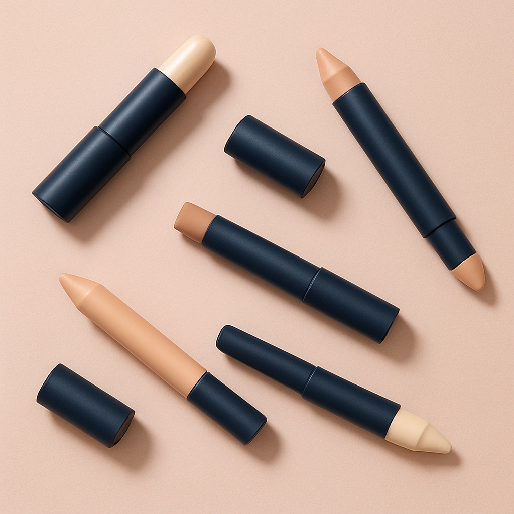 Dual-ended navy refillable makeup sticks arranged on a blush surface